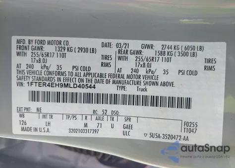 2021 Ford Ranger Xlt из США, поврежденный, VIN 1FTER4EH9MLD40544